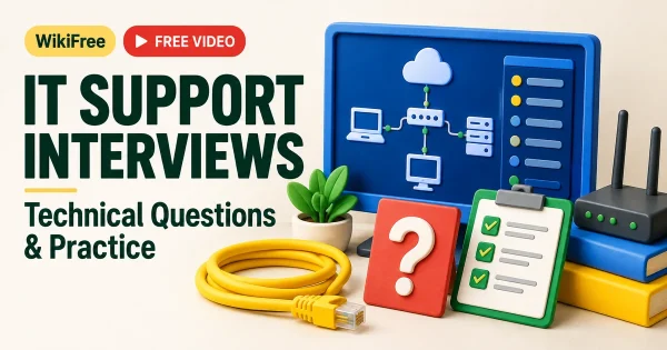Free IT Support Interview Course: Technical Questions. Original WikiFree artwork in Google-inspired colors, illustrating the specific course topic.