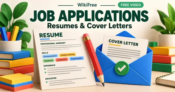 Free Job Application Course: Resumes and Cover Letters. Original WikiFree artwork in Google-inspired colors, illustrating the specific course topic.