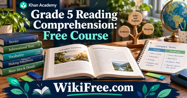 Grade 5 Reading Comprehension: Free Course — original WikiFree artwork depicting the course subject; Khan Academy.