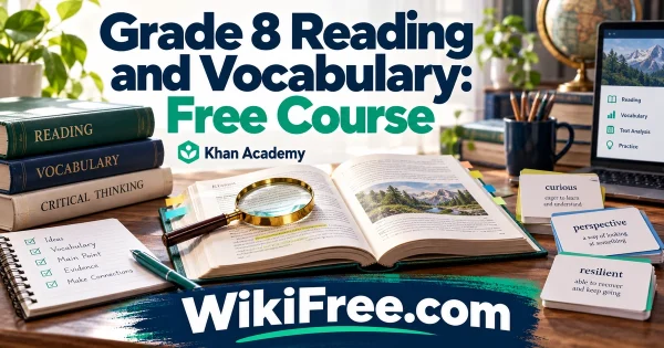 Grade 8 Reading and Vocabulary: Free Course — original WikiFree artwork depicting the course subject; Khan Academy.