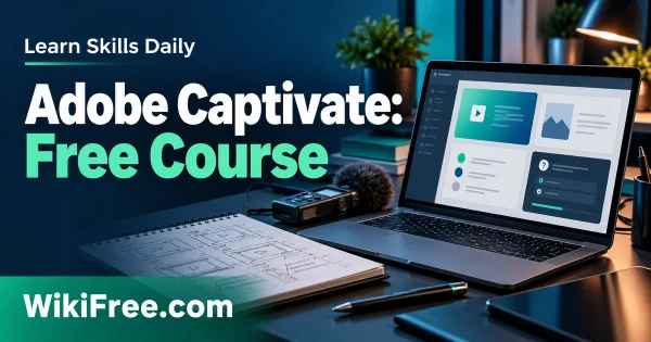 Adobe Captivate: Free Course — original WikiFree artwork depicting the course subject; Learn Skills Daily.