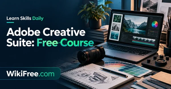 Adobe Creative Suite: Free Course — original WikiFree artwork depicting the course subject; Learn Skills Daily.
