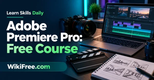 Adobe Premiere Pro: Free Course — original WikiFree artwork depicting the course subject; Learn Skills Daily.
