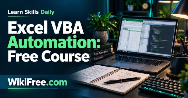Excel VBA Automation: Free Course — original WikiFree artwork depicting the course subject; Learn Skills Daily.