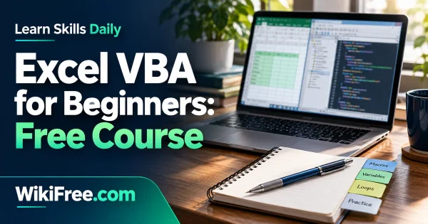 Excel VBA for Beginners: Free Course — original WikiFree artwork depicting the course subject; Learn Skills Daily.