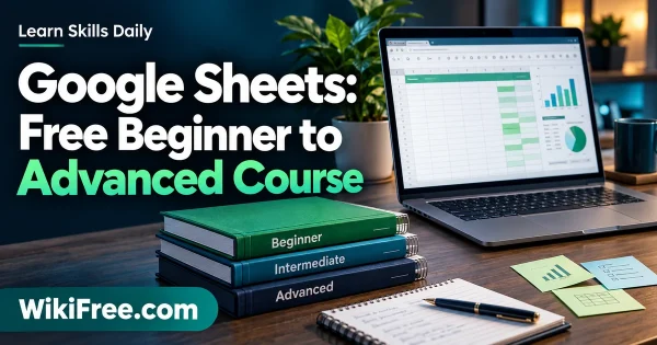Google Sheets: Free Beginner to Advanced Course — original WikiFree artwork depicting the course subject; Learn Skills Daily.