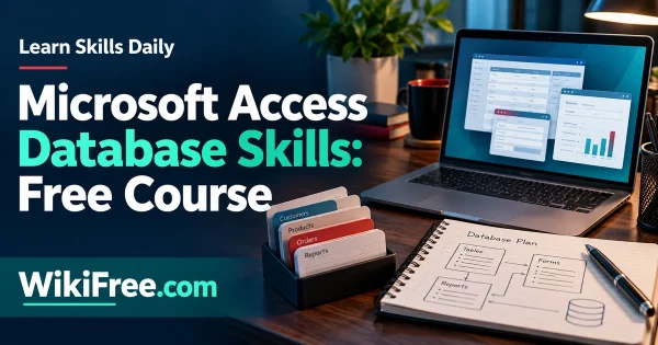 Microsoft Access Database Skills: Free Course — original WikiFree artwork depicting the course subject; Learn Skills Daily.