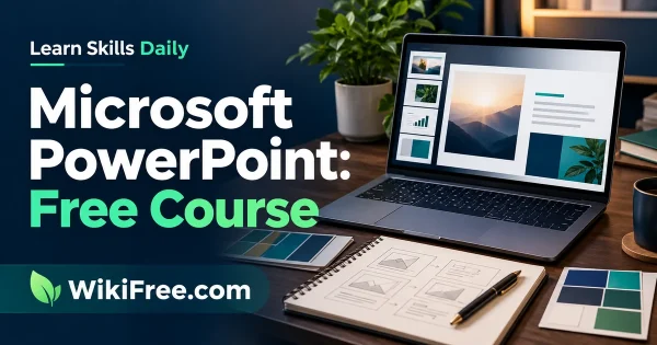 Microsoft PowerPoint: Free Course — original WikiFree artwork depicting the course subject; Learn Skills Daily.