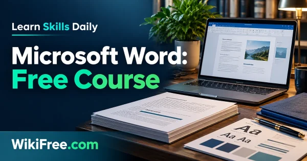 Microsoft Word: Free Course — original WikiFree artwork depicting the course subject; Learn Skills Daily.