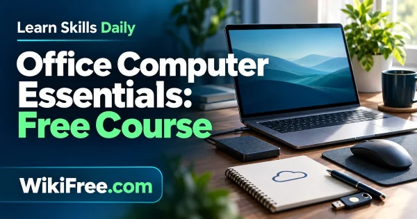 Office Computer Essentials: Free Course — original WikiFree artwork depicting the course subject; Learn Skills Daily.