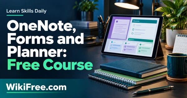 OneNote, Forms and Planner: Free Course — original WikiFree artwork depicting the course subject; Learn Skills Daily.