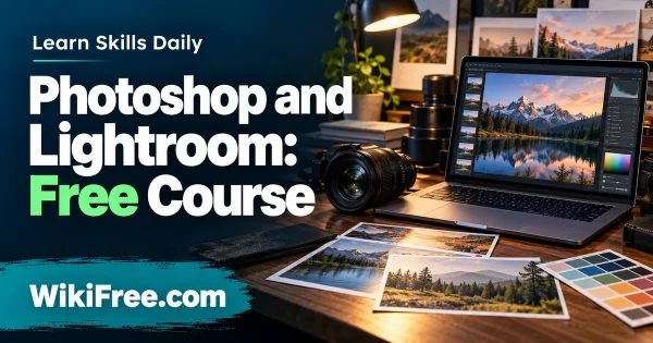 Photoshop and Lightroom: Free Course — original WikiFree artwork depicting the course subject; Learn Skills Daily.