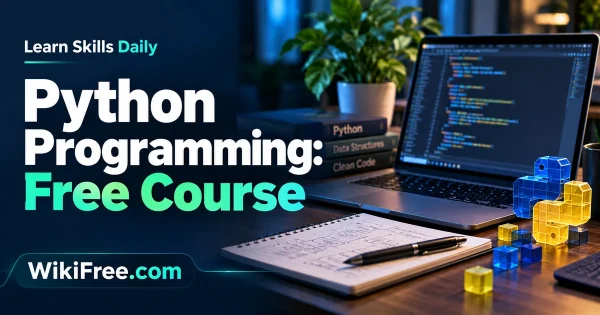 Python Programming: Free Course — original WikiFree artwork depicting the course subject; Learn Skills Daily.