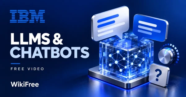 Free LLM and Chatbot Course: Prompting, Reasoning and Risks. Original WikiFree artwork in IBM blue, navy and silver, illustrating the specific course topic.