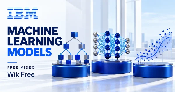 Free Machine Learning Models Course: Training and Evaluation. Original WikiFree artwork in IBM blue, navy and silver, illustrating the specific course topic.