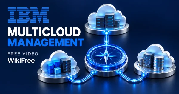 Free Multicloud Course: Management, Security and Architecture. Original WikiFree artwork in IBM blue, navy and silver, illustrating the specific course topic.