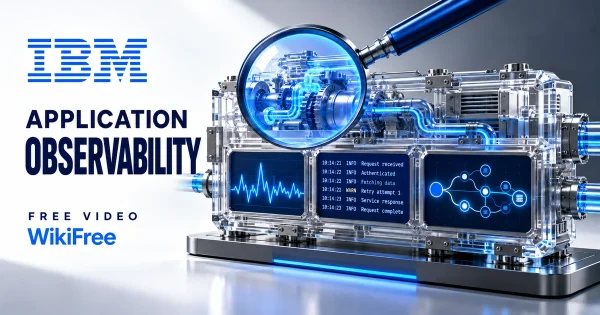Free Observability Course: Monitoring, APM and App Health. Original WikiFree artwork in IBM blue, navy and silver, illustrating the specific course topic.