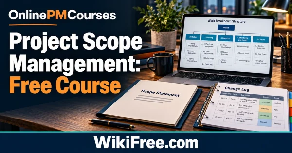 Project Scope Management: Free Course — original WikiFree artwork depicting the course subject; OnlinePMCourses.