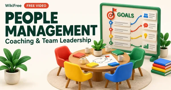 Free People Management Course: Coaching and Team Leadership. Original WikiFree artwork in Google-inspired colors, illustrating the specific course topic.