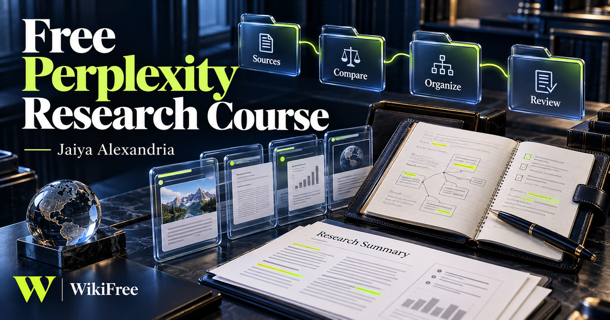 Free Perplexity Research Course: Sources, Spaces and AI Drafts — Jaiya Alexandria. WikiFree selection.