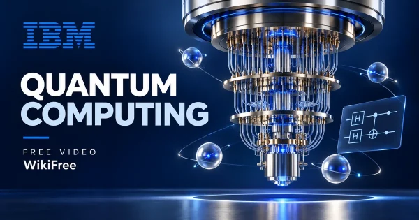 Free Quantum Computing Course: Qiskit and Core Concepts. Original WikiFree artwork in IBM blue, navy and silver, illustrating the specific course topic.