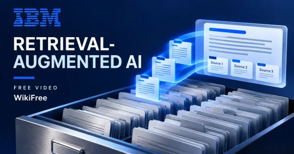 Free RAG Course: Retrieval, Vector Search and AI Agents. Original WikiFree artwork in IBM blue, navy and silver, illustrating the specific course topic.