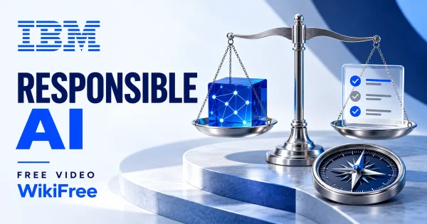 Free Responsible AI Course: Ethics, Risk and Governance. Original WikiFree artwork in IBM blue, navy and silver, illustrating the specific course topic.