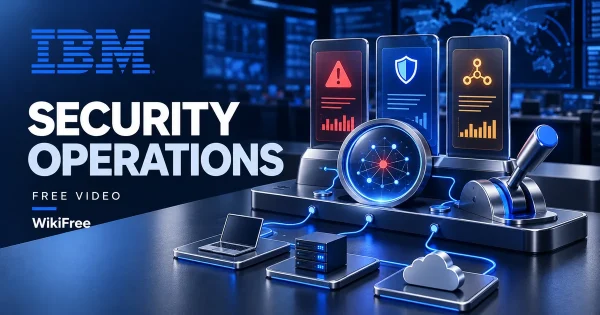 Free Security Operations Course: SIEM, SOAR and EDR. Original WikiFree artwork in IBM blue, navy and silver, illustrating the specific course topic.