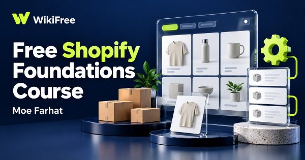 Free Shopify Foundations Course by Moe Farhat, with a navy and lime miniature storefront, plain product boxes, blank order cards and WikiFree branding.