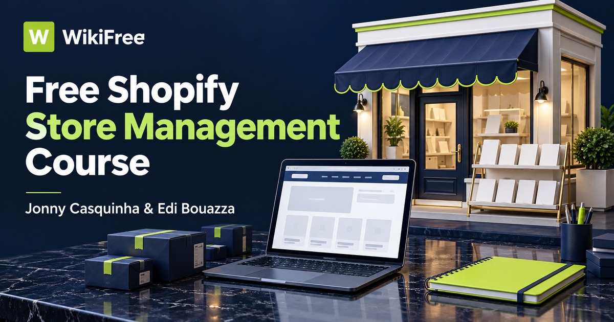 Free Shopify Store Management Course by Jonny Casquinha and Edi Bouazza, with a miniature storefront, blank product cards and an unbranded navigation panel in navy, white and lime with WikiFree branding.