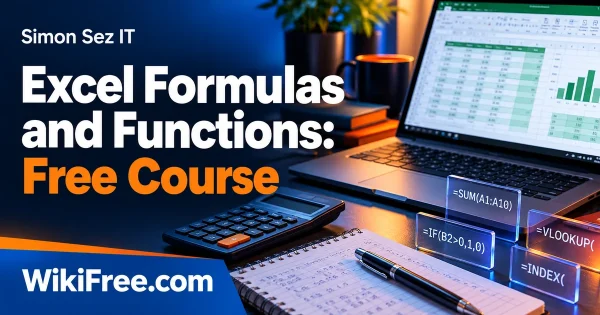 Excel Formulas and Functions: Free Course — original WikiFree artwork depicting the course subject; Simon Sez IT.