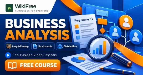 Free Simplilearn Course: Business Analysis and CBAP Concepts. Original WikiFree artwork with the WikiFree logo, blue and orange colors, three course skills and FREE COURSE, illustrating the specific course topic.