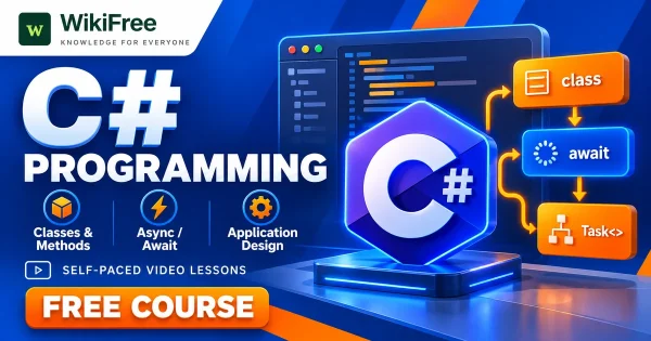 Free Simplilearn Course: C# Programming and Application Development. Original WikiFree artwork with the WikiFree logo, blue and orange colors, three course skills and FREE COURSE, illustrating the specific course topic.