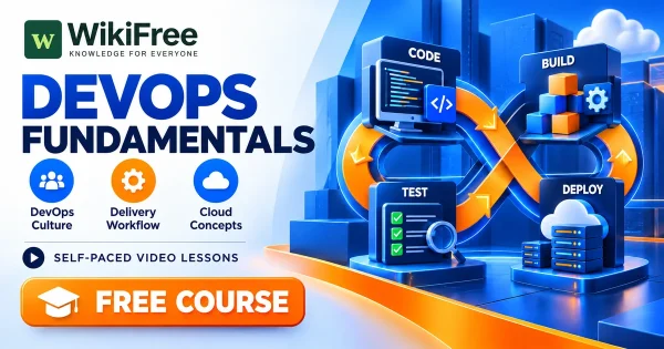 Free Simplilearn Course: DevOps Fundamentals and Delivery Workflows. Original WikiFree artwork with the WikiFree logo, blue and orange colors, three course skills and FREE COURSE, illustrating the specific course topic.