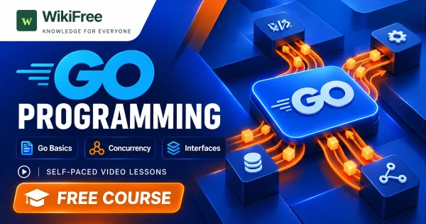 Free Simplilearn Course: Go Programming, Concurrency and Interfaces. Original WikiFree artwork with the WikiFree logo, blue and orange colors, three course skills and FREE COURSE, illustrating the specific course topic.