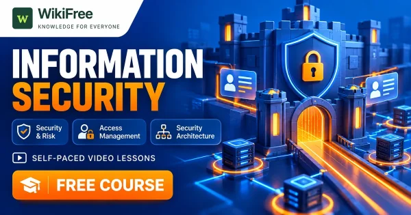 Free Simplilearn Course: Information Security and CISSP Domain Concepts. Original WikiFree artwork with the WikiFree logo, blue and orange colors, three course skills and FREE COURSE, illustrating the specific course topic.