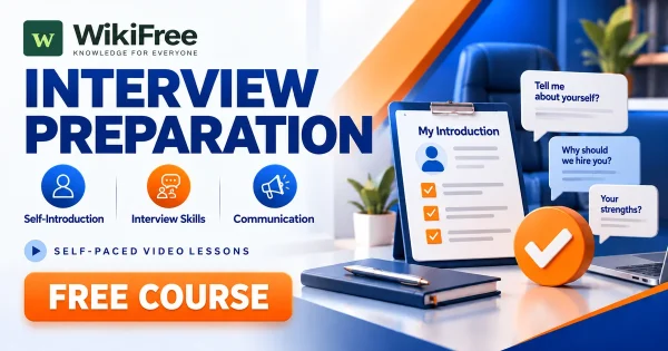 Free Simplilearn Course: Interview Preparation and Professional Communication. Original WikiFree artwork with the WikiFree logo, blue and orange colors, three course skills and FREE COURSE, illustrating the specific course topic.