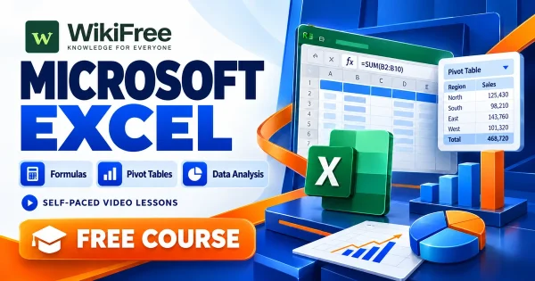 Free Simplilearn Course: Microsoft Excel for Data Analysis and Productivity. Original WikiFree artwork with the WikiFree logo, blue and orange colors, three course skills and FREE COURSE, illustrating the specific course topic.