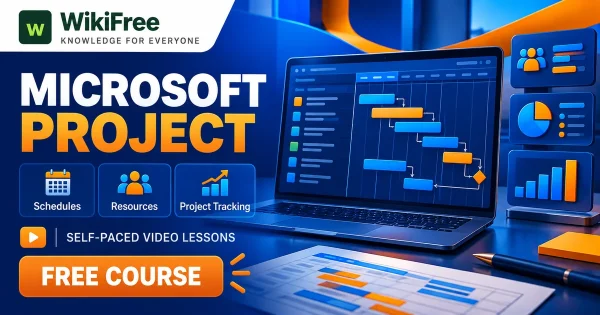 Free Simplilearn Course: Microsoft Project Scheduling and Resource Planning. Original WikiFree artwork with the WikiFree logo, blue and orange colors, three course skills and FREE COURSE, illustrating the specific course topic.
