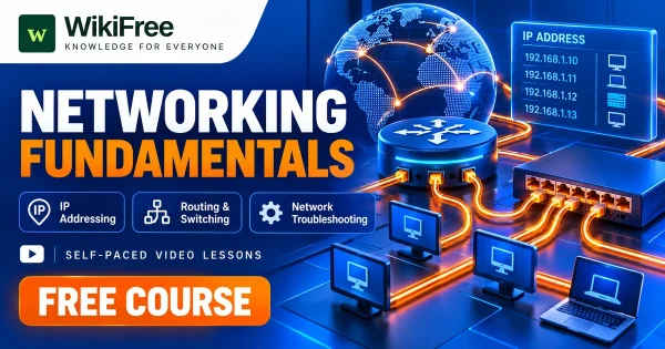Free Simplilearn Course: Networking Fundamentals and Cisco CCNA Concepts. Original WikiFree artwork with the WikiFree logo, blue and orange colors, three course skills and FREE COURSE, illustrating the specific course topic.