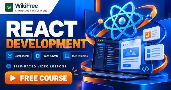Free Simplilearn Course: React Components and Front-End Projects. Original WikiFree artwork with the WikiFree logo, blue and orange colors, three course skills and FREE COURSE, illustrating the specific course topic.