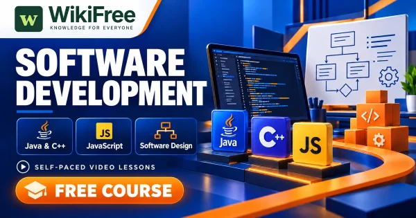 Free Simplilearn Course: Software Development and Programming Foundations. Original WikiFree artwork with the WikiFree logo, blue and orange colors, three course skills and FREE COURSE, illustrating the specific course topic.