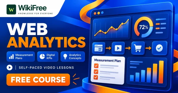 Free Simplilearn Course: Web Analytics, KPIs and Digital Measurement. Original WikiFree artwork with the WikiFree logo, blue and orange colors, three course skills and FREE COURSE, illustrating the specific course topic.