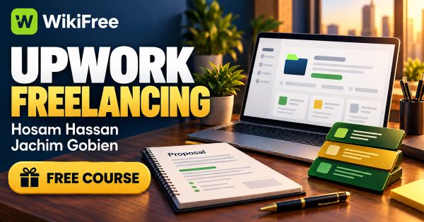 Free Upwork Freelancing course by Hosam Hassan and Jachim Gobien, with a laptop, proposal notebook and project cards in WikiFree branding.