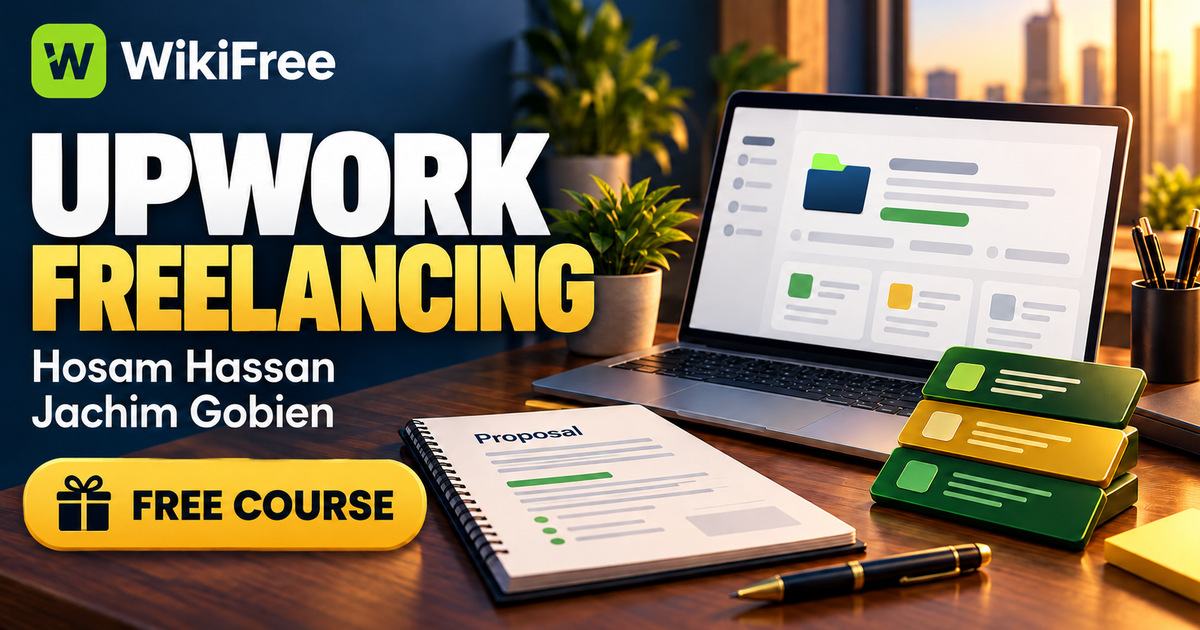 Free Upwork Freelancing course by Hosam Hassan and Jachim Gobien, with a laptop, proposal notebook and project cards in WikiFree branding.