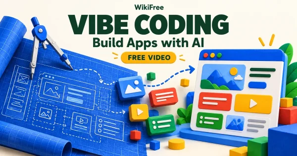 Free Vibe Coding Course: Build Apps with Google AI Studio. Original WikiFree artwork in Google-inspired colors, illustrating the specific course topic.