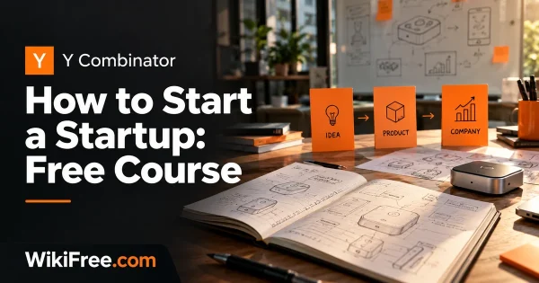 How to Start a Startup: Free Course — original Y Combinator course artwork with a realistic startup business scene in orange and charcoal.