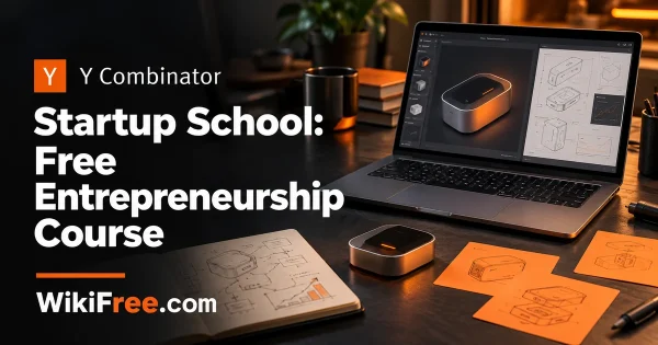 Startup School: Free Entrepreneurship Course — original Y Combinator course artwork with a realistic startup business scene in orange and charcoal.