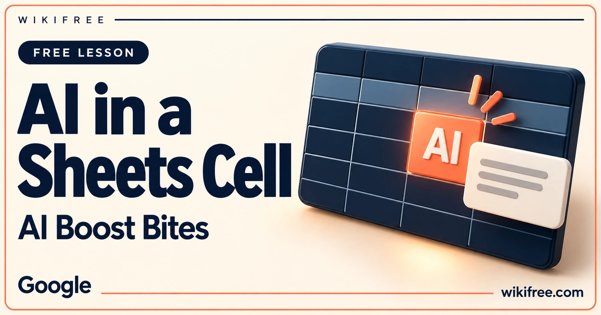 WikiFree AI in a Sheets Cell lesson cover with a spreadsheet grid, highlighted AI cell and text card.