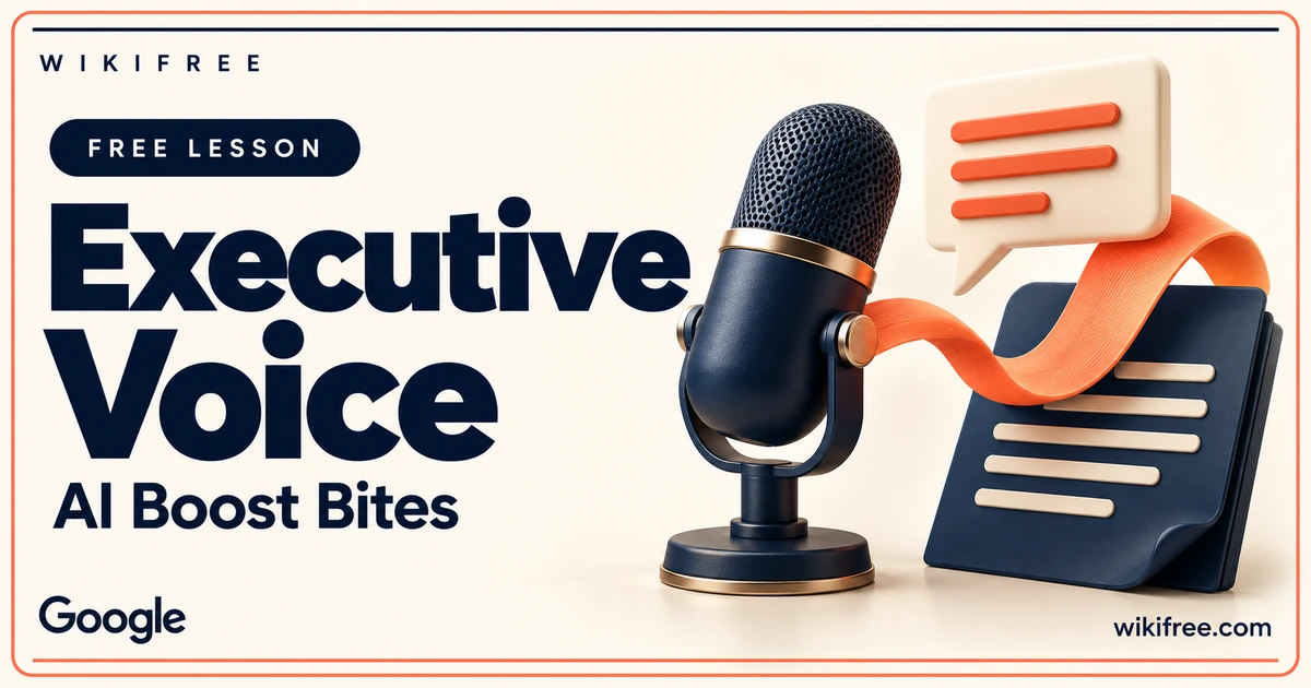 WikiFree Executive Voice lesson cover with a navy microphone, speech tile, document and coral ribbon.
